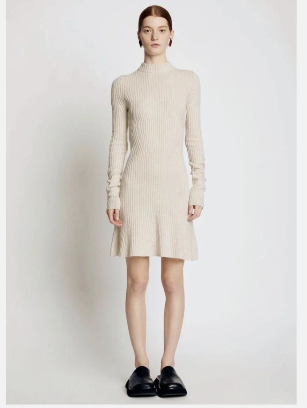 Proenza Ribbed Long-Sleeve Knit Dress in Beige, size S